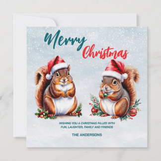 chubby squirrel Santa hat Merry Christmas snow Holiday Card