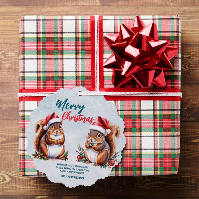 chubby squirrel Santa hat Merry Christmas snow Ornament Card (Insitu (Gift))