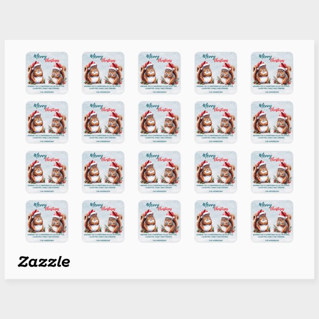 chubby squirrel Santa hat Merry Christmas snow Square Sticker (Sheet)