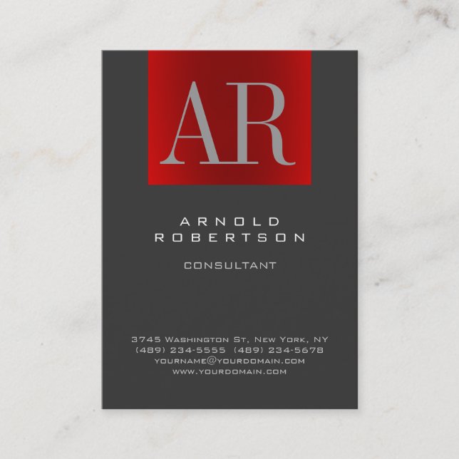 Chubby Stylish Gray Red Monogram Business Card (Front)