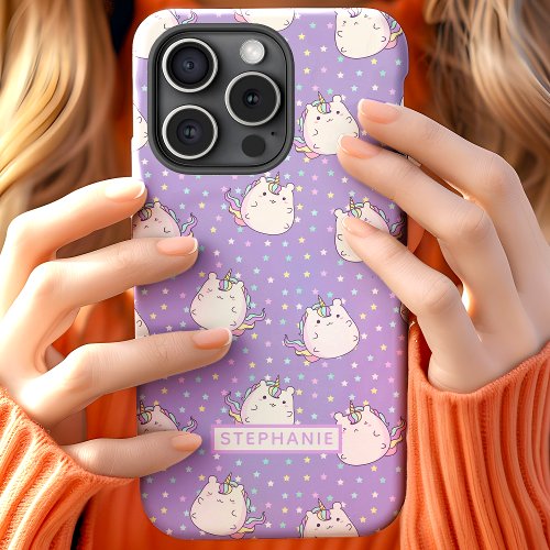 Chubby Unicorn and Stars on Purple iPhone 15 Case