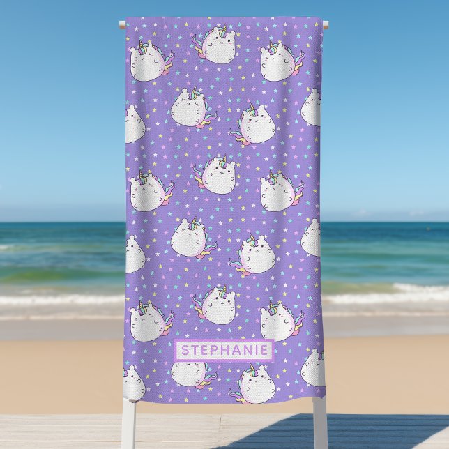 Chubby Unicorn Rainbow Stars Pattern Personalized Beach Towel (Creator Uploaded)