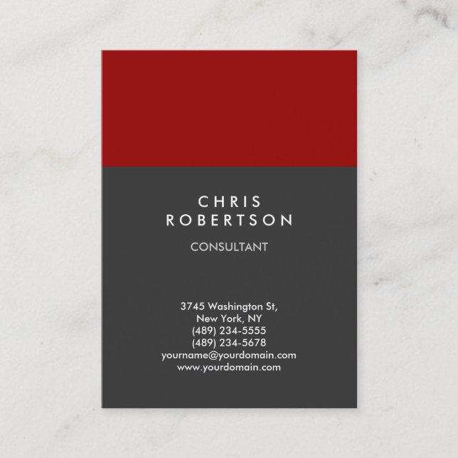 Chubby Vertical Red Gray Trendy Business Card (Front)