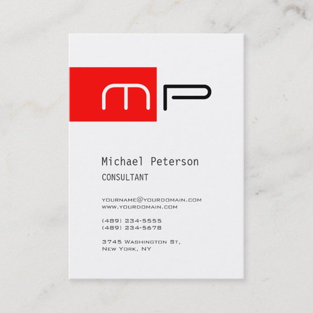 Chubby White Red Stripe Monogram Business Card (Front)
