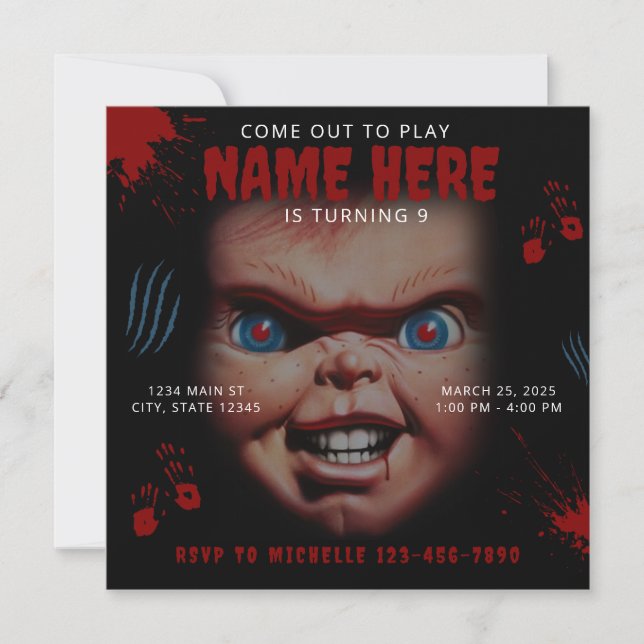 Chucky Doll Blue Red Bloody Invitation  (Front)