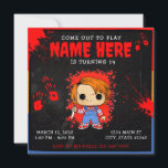 Chucky Doll Blue Red Orange Birthday Invitation<br><div class="desc">A stylized graphic image features Chucky, the iconic horror doll, in a Pop! Vinyl figure format. The doll is depicted against a dark, textured background, splattered with vibrant red bloodstains and splatter effects. Customize it with your event details to make it uniquely yours! Available as printable invitations and instant downloads....</div>