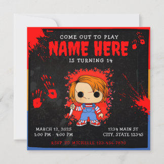 Chucky Doll Blue Red Orange Birthday Invitation