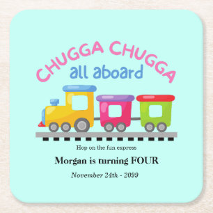 Chugga Choo Train Themed Cartoon Any Age Birthday Square Paper Coaster