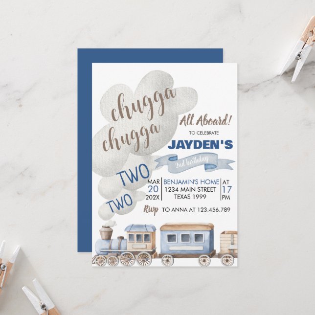 Chugga Chugga Two Two All Aboard Train Birthday Invitation (Front/Back In Situ)