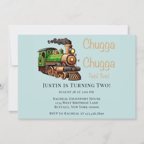 Chugga Chugga Two Two Green Train Birthday Party Invitation