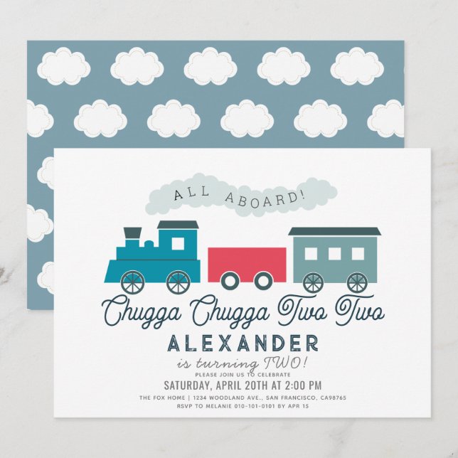 Chugga Chugga Two Two Train Blue Boy 2nd Birthday Invitation (Front/Back)