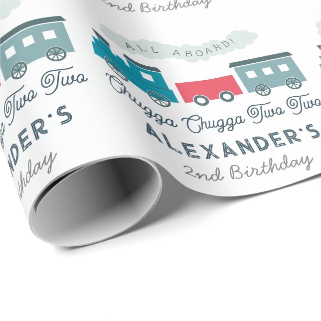 Chugga Chugga Two Two Train Blue Boy 2nd Birthday Wrapping Paper (Roll Corner)