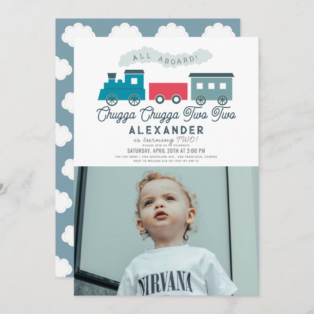 Chugga Chugga Two Two Train Boy 2nd Birthday Photo Invitation (Front/Back)