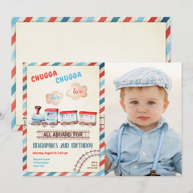 Chugga Two Train Choo Boy Red Blue 2nd Birthday Invitation (Front/Back)