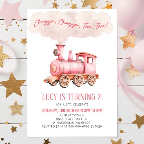 Chugga Two Two Pink Train 2nd Birthday Party Invitation