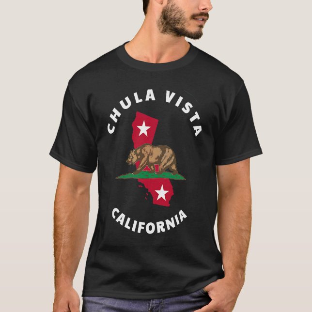 Chula Vista California CA Flag and Bear Badge Souv T-Shirt (Front)