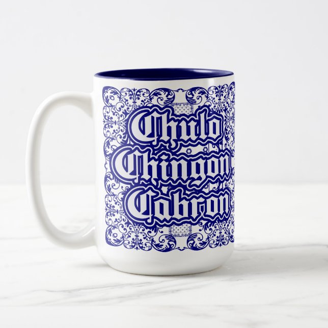 Chulo Chingon Cabron Blue Bandana print  Two-Tone Coffee Mug (Left)