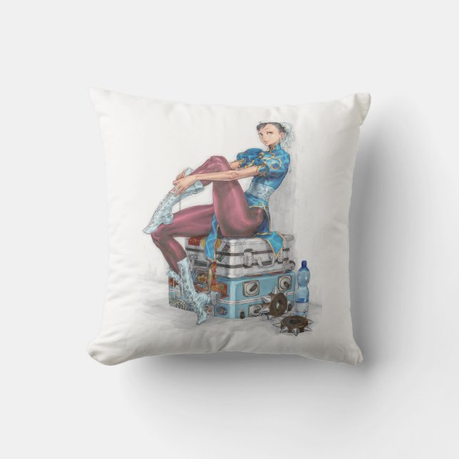 Chun-Li Tying Shoe Throw Pillow (Front)