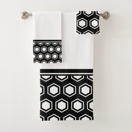 Chunky Black and White Hexagonal Pattern Bath Towel Set