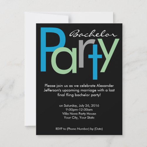 Chunky Block Blue Black Bachelor Party Invitation