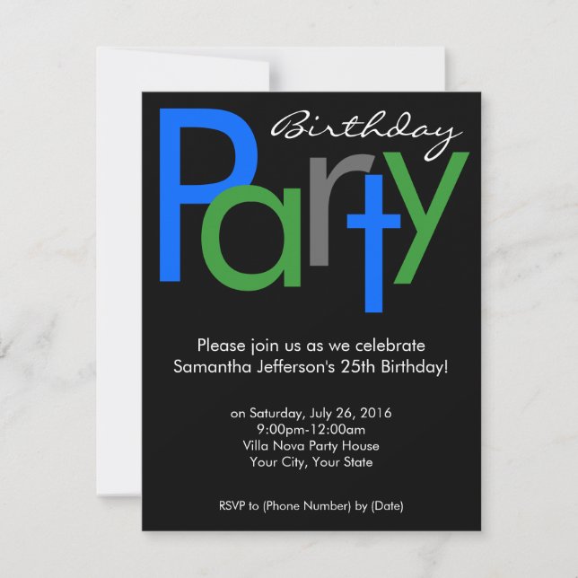 Chunky Block Blue Black Birthday Party Invitation (Front)