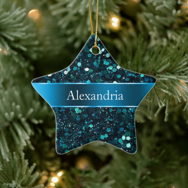 Chunky Blue Aqua Glitz Glitter Christmas Name Ceramic Ornament (Tree)