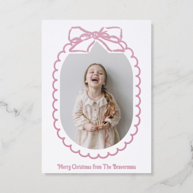 Chunky Bow Tied Ribbon Scallop Christmas Letterpress Photo Cards (Front)