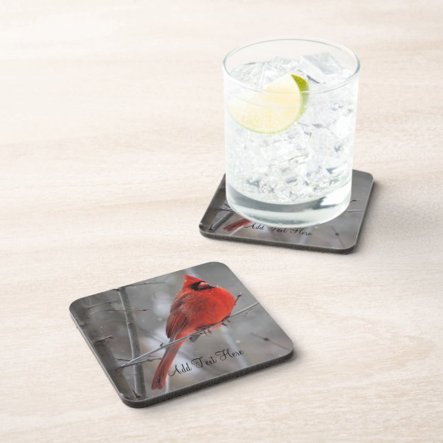 Chunky Bright Red Male Cardinal in Winter Snow Beverage Coaster (Right Side)