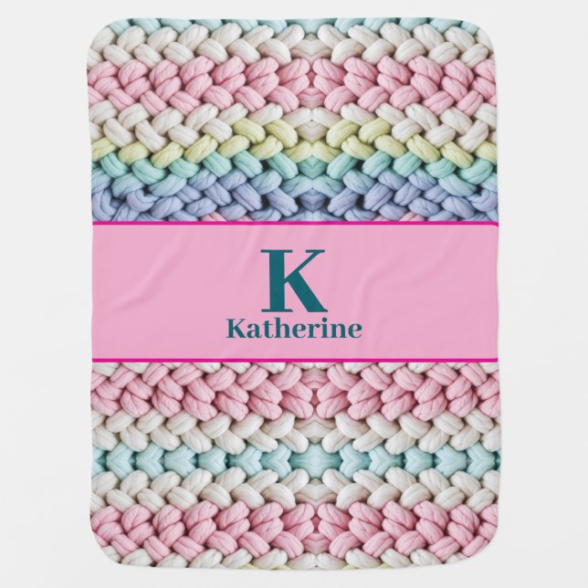Chunky Pastel Knit Monogram Custom Name Gift Baby Blanket (Front)