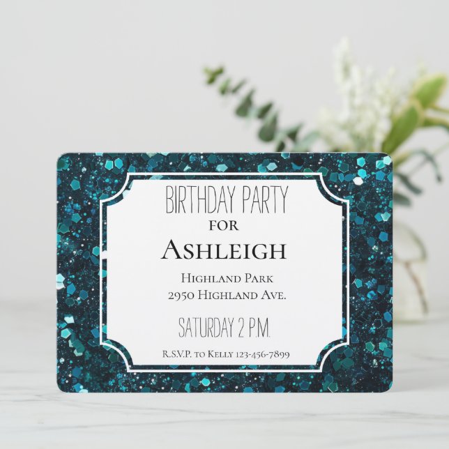 Chunky Teal Blue Faux Glitter birthday Invitation (Standing Front)