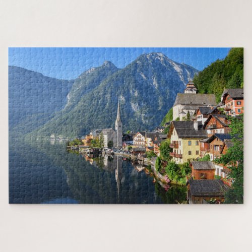 Church and village of Hallstatt Austria with Alps Jigsaw Puzzle