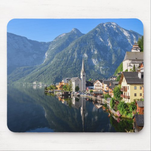 Church and village of Hallstatt Austria with Alps Mouse Pad