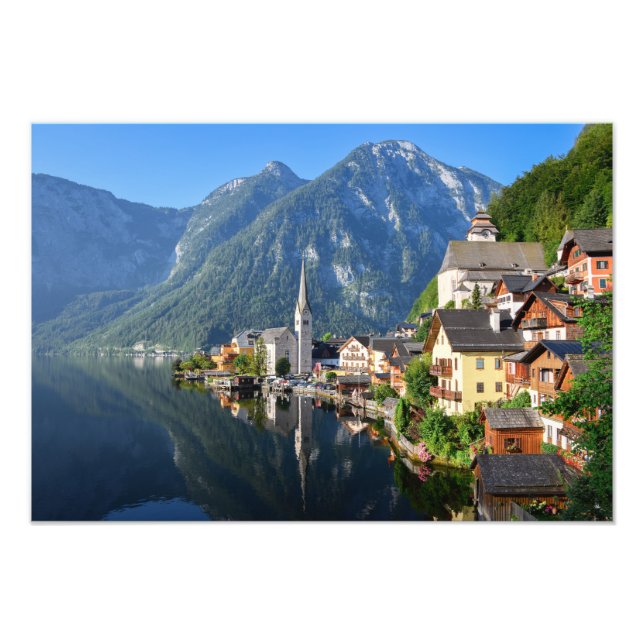 Church and village of Hallstatt, Austria with Alps Photo Print (Front)