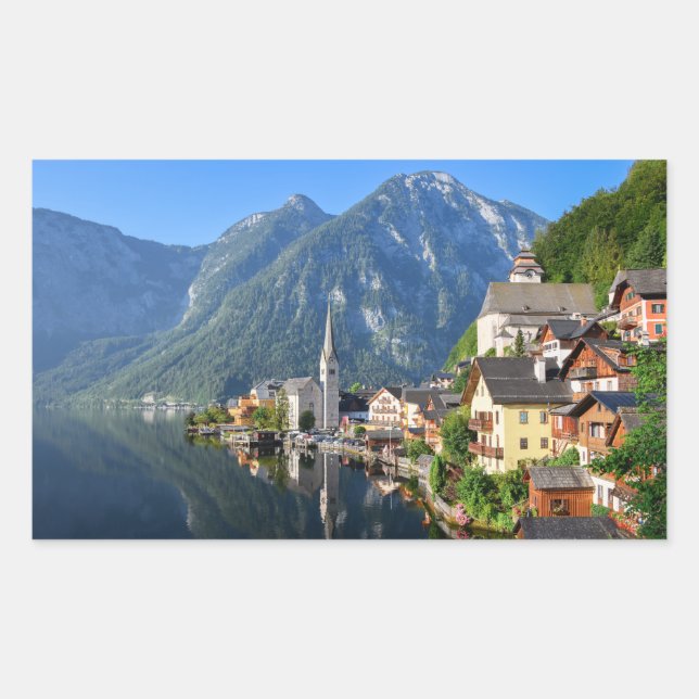 Church and village of Hallstatt, Austria with Alps Rectangular Sticker (Front)