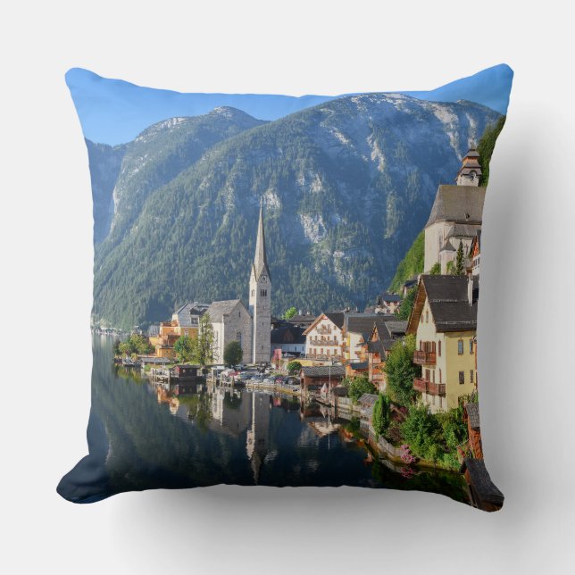 Church and village of Hallstatt, Austria with Alps Throw Pillow (Front)