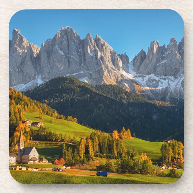 Church and village with mountains landscape beverage coaster (Front)
