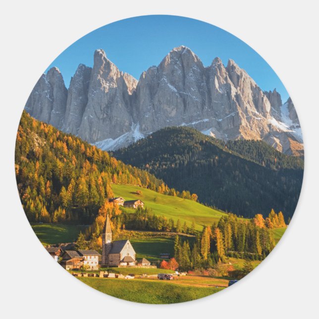 Church and village with mountains landscape classic round sticker (Front)