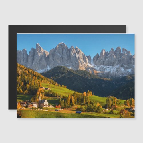 Church and village with mountains landscape magnetic invitation