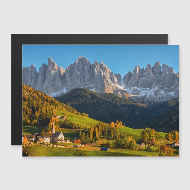 Church and village with mountains landscape magnetic invitation (Front/Back)