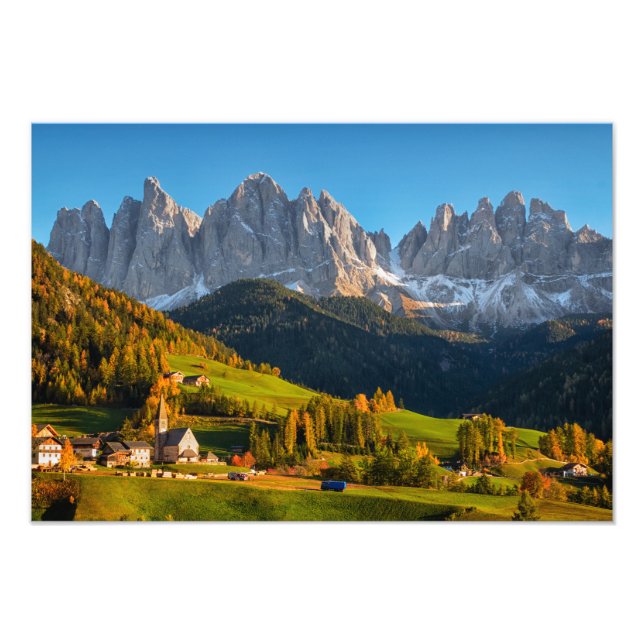 Church and village with mountains landscape photo print (Front)