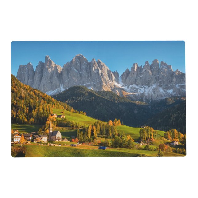 Church and village with mountains landscape placemat (Back)