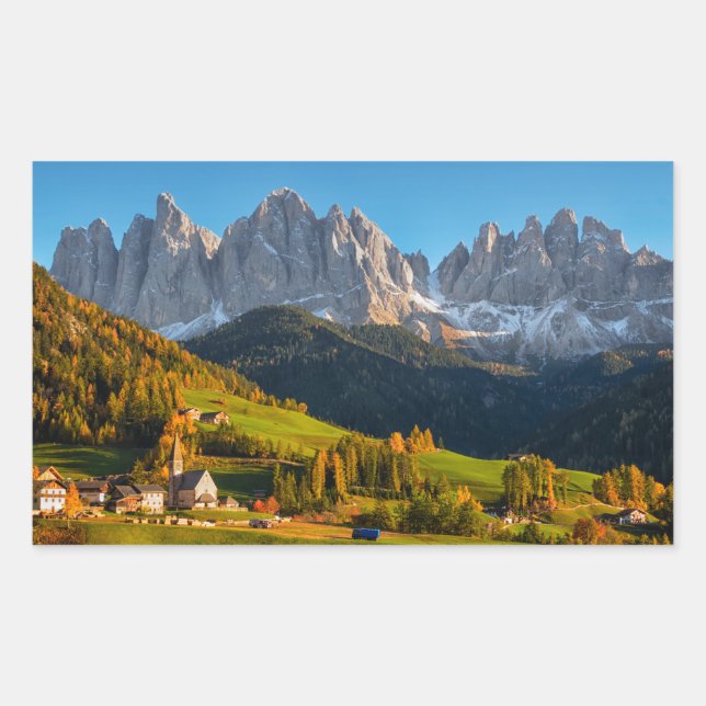 Church and village with mountains landscape rectangular sticker (Front)