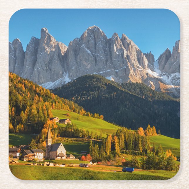 Church and village with mountains landscape square paper coaster (Front)
