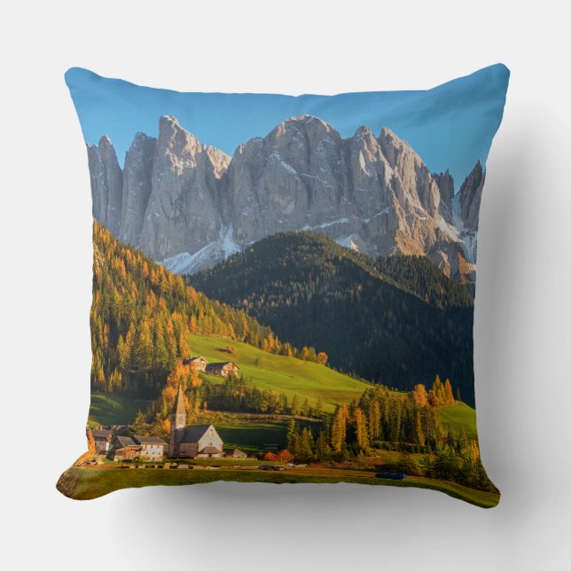 Church and village with mountains landscape throw pillow (Front)