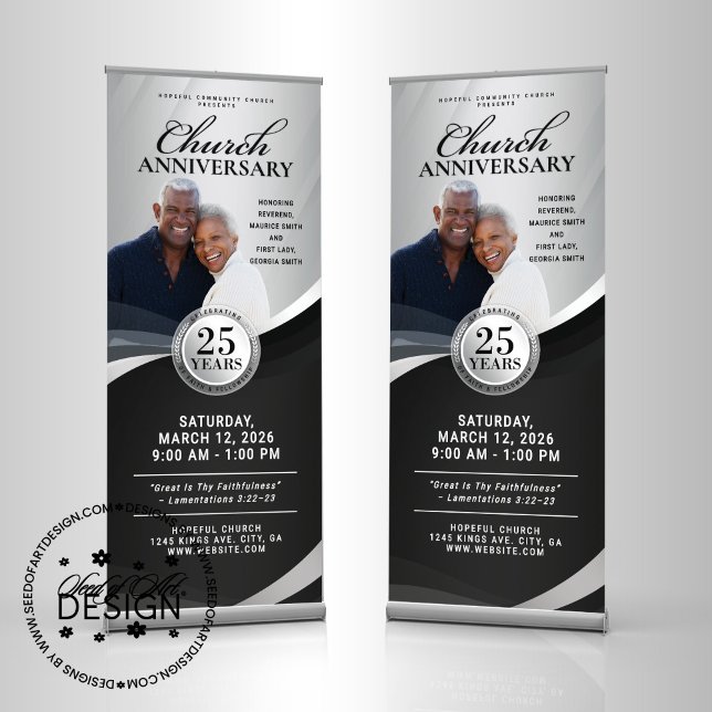 Church Anniversary Black & Silver Pastor Service Retractable Banner (Creator Uploaded)