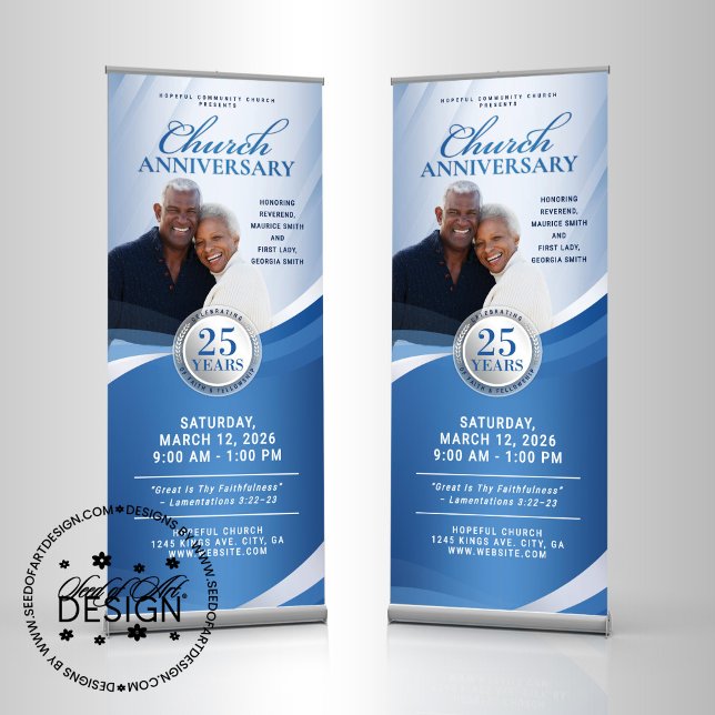 Church Anniversary Blue & Silver Pastor Service Retractable Banner (Creator Uploaded)