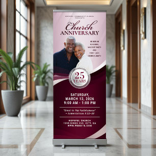 Church Anniversary Burgundy & Silver Service Retractable Banner