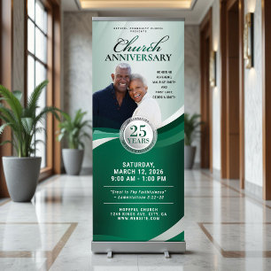 Church Anniversary Green & Silver Pastor Service Retractable Banner