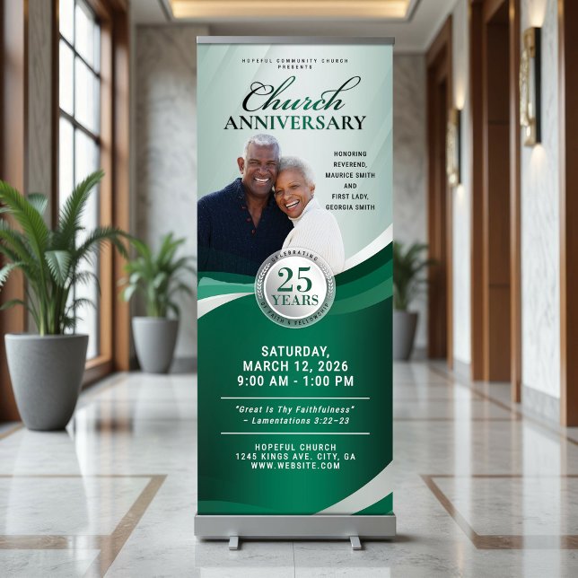 Church Anniversary Green & Silver Pastor Service Retractable Banner (Creator Uploaded)