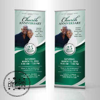 Church Anniversary Green & Silver Pastor Service Retractable Banner